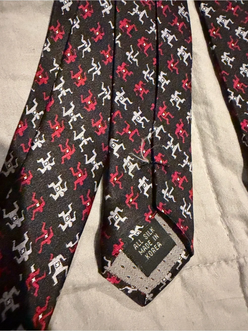 Black Silk Tie with Red and White Geometric Motif